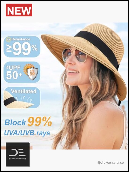 Foldable Wide Brim Paper Straw Sun Hat with Bowknot UPF 50+